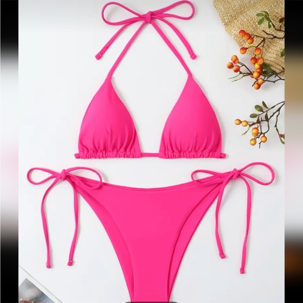 Adjustable Hot Pink Tie-Side Triangle Bikini Set